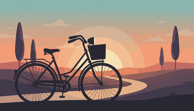 Serene Silhouette of a Vintage Bicycle on a Winding Road at Sunset, Evoking Nostalgia and the Joy of Outdoor Exploration Amidst Rolling Hills and Tall Cypress Trees Under a Warm, Gradient Sky with