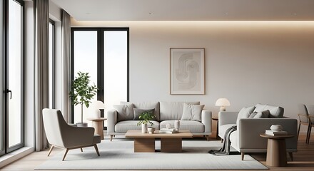 Elegant modern living room interior with minimalist design and neutral color palette