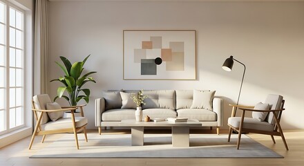 A bright and serene modern living room interior with minimalist furniture and natural light