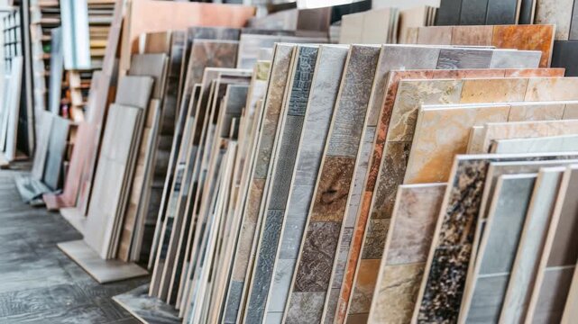 Collection of assorted tiles showcased in a flooring store during the day