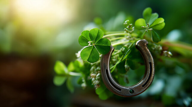 Lucky horseshoe with four leaf clovers no faces visible good fortune Irish luck shamrock symbols prosperity charm lucky symbol traditional blessing fortune attraction gree