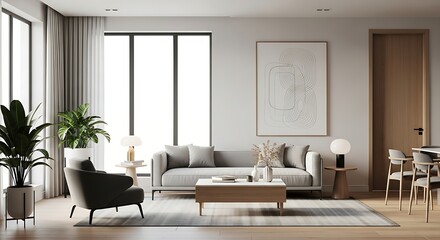 Cozy and modern living room with elegant furniture and large windows