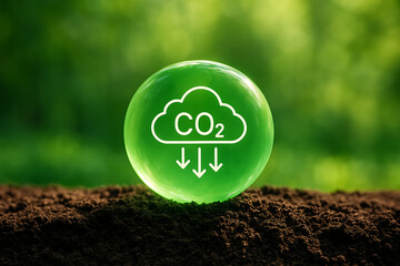 Green carbon dioxide bubble icon showing reduction of co2 emissions on rich soil in a lush environment depicting nature and eco friendly sustainable technology