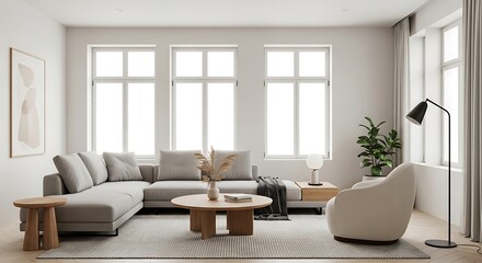Stylish Modern Living Room with Gray Sofa, Wood Accents, and Abundant Natural Light