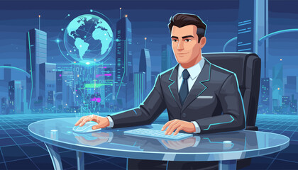 Futuristic businessman in a suit sitting at a glass desk with a digital mouse and keyboard, interacting with a glowing holographic globe and data streams against a backdrop of a modern, neon-lit