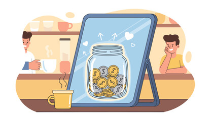 Digital illustration of a glass jar filled with golden and silver coins, reflected on a tablet screen, symbolizing savings and financial growth, with a cafe setting and happy people enjoying coffee