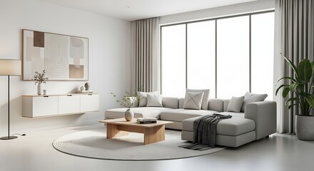 Bright and spacious living room with modern furniture, a large grey sofa, and minimalist decor