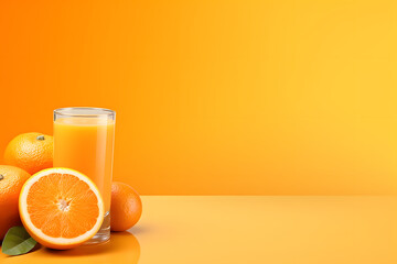 Close up of orange juice in a glass with oranges against trendy yellow background