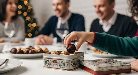 Child reaching for truffle from tin box, emotional holiday candid moment.
