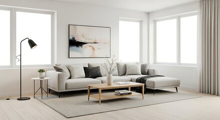 Bright and spacious modern living room interior with a comfortable gray sofa and large windows