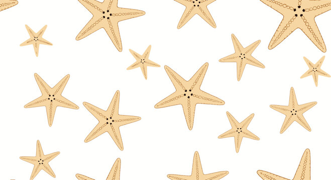 Seamless pattern of light brown starfish scattered on a white background.