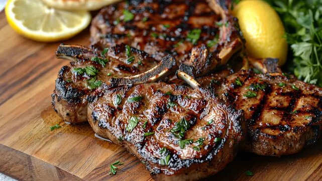 Perfectly grilled lamb chops with fresh herbs and lemon slices ready to savor