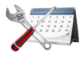 Crossed wrench and screwdriver with desktop calendar on transparent background. 3D illustration