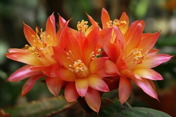 Close up of vibrant orange and yellow cactus flowers with delicate pink edges showcasing intricate stamen detail
