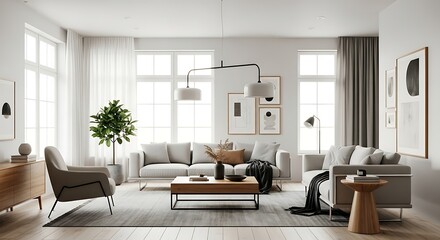 Spacious Scandinavian style living room interior with natural light and elegant home furnishings