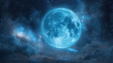 Obraz premium Large blue moon illuminates a starry night sky filled with cosmic dust and clouds