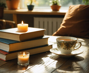 Cozy hygge still life with books, candle and cup of tea on wooden table