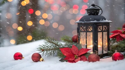 Warm glowing lantern with festive christmas decorations and poinsettias in the snow with blurred bokeh lights