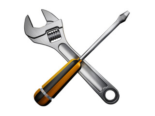 Crossed wrench and screwdriver on transparent background. 3D illustration