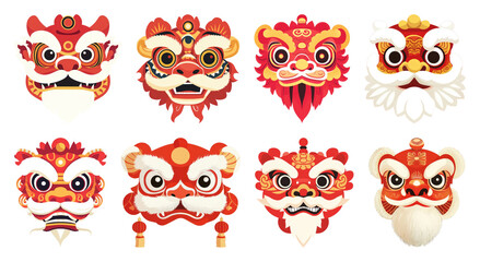 Fototapeta premium PNG Vibrant Chinese New Year masks, element set on transparent background