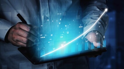 A businessman engages with a tablet for financial analysis, showcasing digital graphs and currency symbols that highlight economic growth and technological advancement. Copula
