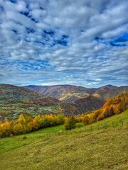 Beautiful landscape view of mountains in the fall with colorful forest trees, green pasture and blue sky with white clouds. Muntele Rece, Cluj, Romania