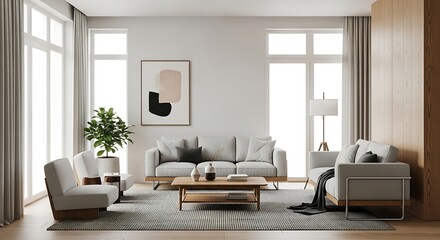 Stylish contemporary living area featuring neutral tones, comfortable sofas, and large windows