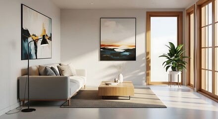Contemporary sunlit living room with minimalist decor, abstract art, and natural light
