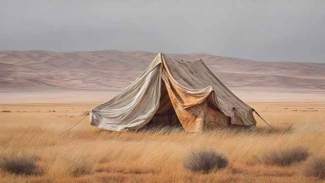 A weathered canvas tent pitched in a dry grassland with rolling desert dunes in the background Concept Weathered canvas tent, Dry grassland landscape, Rolling desert dunes, Open-sky camping