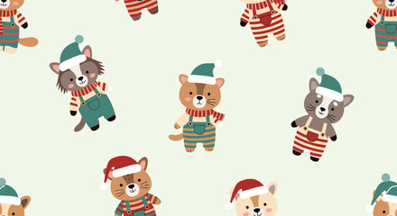 Naklejka premium Cute cartoon animals wearing festive Christmas outfits and hats in a repeating pattern.