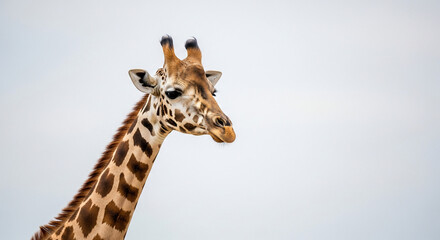 Fototapeta premium A majestic giraffes head and long neck in profile view.