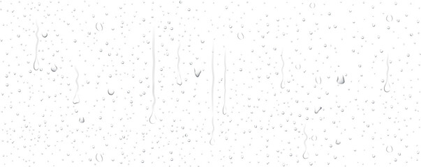 Realistic transparent water droplets, drops, water-drop on wet clear window surface with crystal...