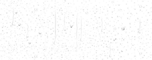 Realistic transparent water droplets, drops, water-drop on wet clear window surface with crystal clarity, fresh liquid texture, bubbles and moisture reflection on clear glass surface for design