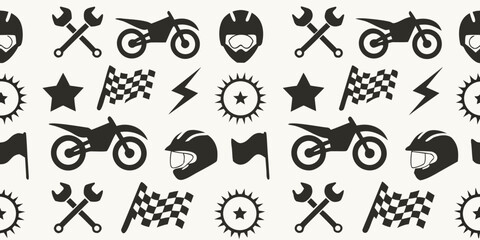 Seamless pattern of black motorcycle racing icons including helmets bikes flags and tools