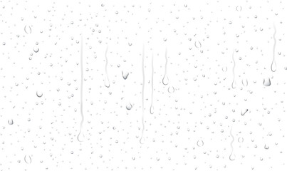 Realistic transparent water droplets, drops, water-drop on wet clear window surface with crystal clarity, fresh liquid texture, bubbles and moisture reflection on clear glass surface for design