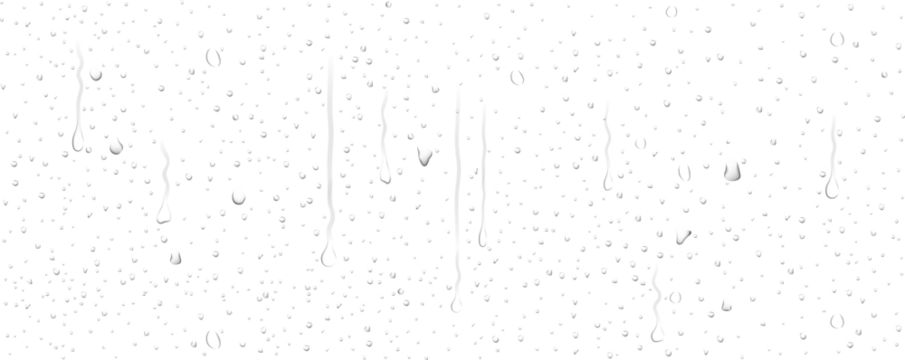 Realistic transparent water droplets, drops, water-drop on wet clear window surface with crystal clarity, fresh liquid texture, bubbles and moisture reflection on clear glass surface for design