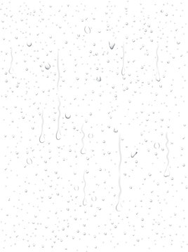 Realistic transparent water droplets, drops, water-drop on wet clear window surface with crystal clarity, fresh liquid texture, bubbles and moisture reflection on clear glass surface for design