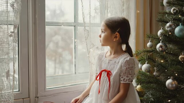 Turbo young girl sitting quietly by a window, gazing outside with a thoughtful expression, cozy Christmas atmosphere, soft natural window light, decorated Christmas tree with glowing fairy light