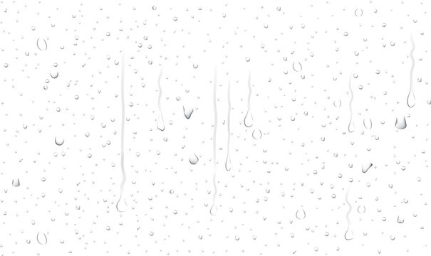 Realistic transparent water droplets, drops, water-drop on wet clear window surface with crystal clarity, fresh liquid texture, bubbles and moisture reflection on clear glass surface for design