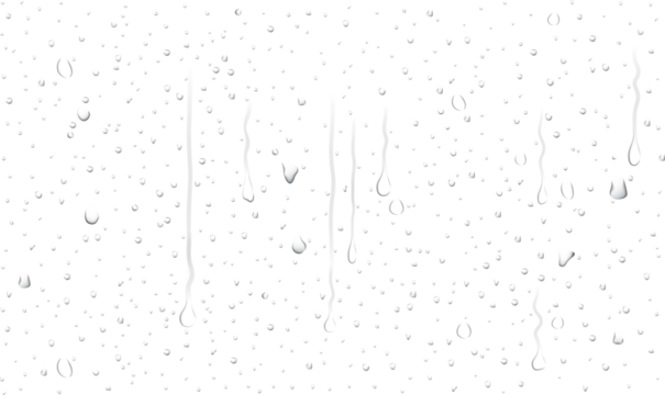 Realistic transparent water droplets, drops, water-drop on wet clear window surface with crystal clarity, fresh liquid texture, bubbles and moisture reflection on clear glass surface for design