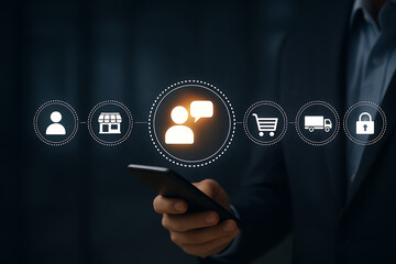 A hand holding a smartphone with glowing icons for customer service, shop, shopping cart, delivery truck, and padlock, representing e-commerce and retail management