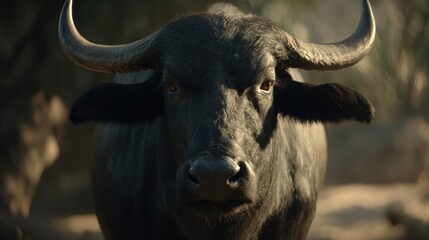 Naklejka premium Close up frontal view of a dark haired Cape buffalo with curved horns and intense eyes outdoors