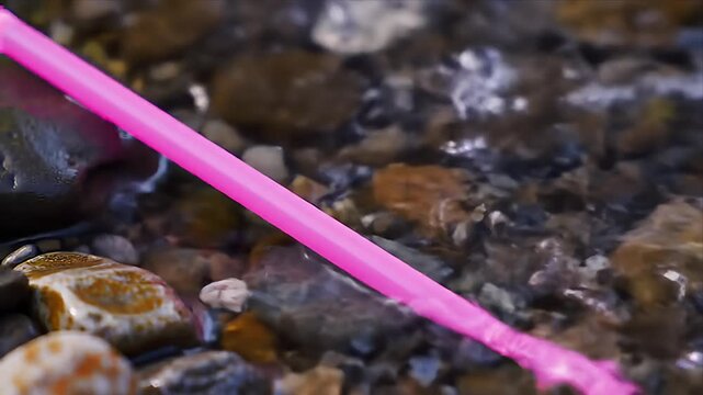 Bright Pink Plastic Straw Floating in Clear River Water Among Smooth Pebbles and Rocks Highlighting Environmental Impact and Nature