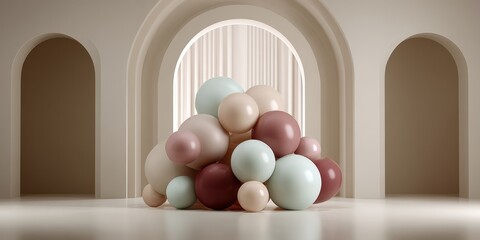 Fototapeta premium A pile of pastel colored spheres stacked in front of arched doorways and soft drapes