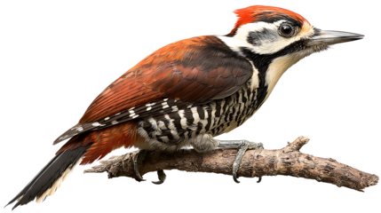 woodpecker perched on branch isolated on a white background
