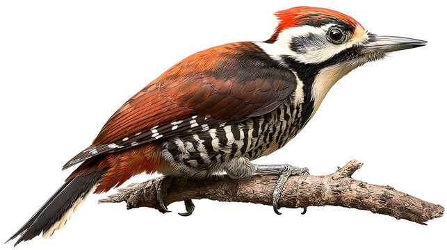 woodpecker perched on branch isolated on a white background