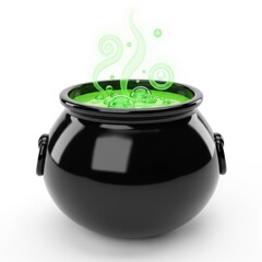 Black Cauldron Filled with Green Potion Bubbling with Swirling Green Smoke on White Background