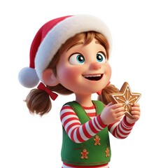 Cartoon Young Girl in Festive Red and Green Outfit Holding a Star Shaped Cookie on White