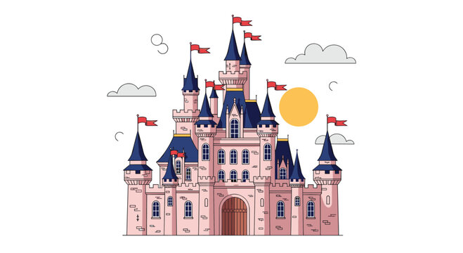 A whimsical pink castle with blue roofs and red flags under a bright sun and clouds.