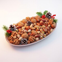 Oval Bowl Full of Assorted Nuts with Pinecones and Berries on White Background